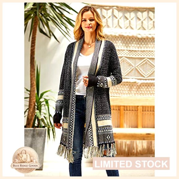 Long Open Front Cardigan Sweater with Tassel Fringe, 100% Acrylic - Picture 3 of 7
